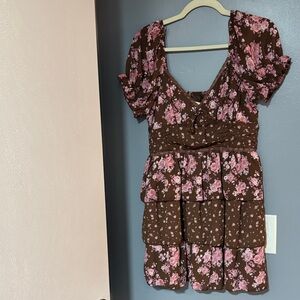 Brown Floral Mini Dress with Pink Roses